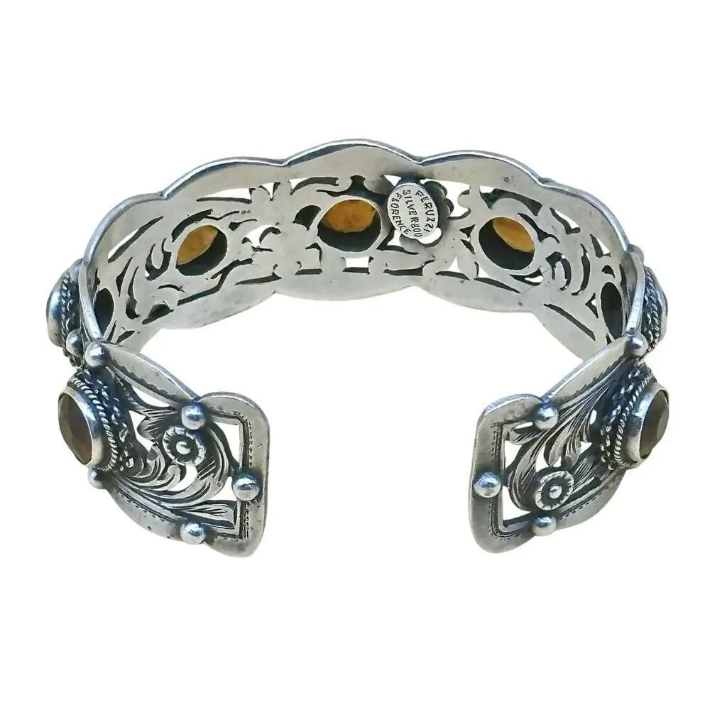 Peruzzi Florence 800 Silver Citrine Ornate Floral Motif Bracelet Cuff Vtg Signed